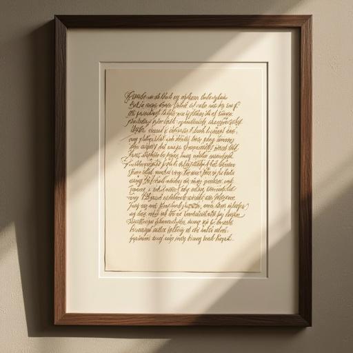 A framed fine art print featuring intricate calligraphic text in a vintage sepia tone.